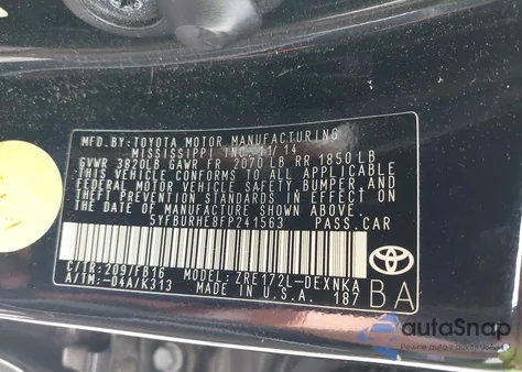 2015 Toyota Corolla Le z USA, uszkodzony, nr VIN 5YFBURHE8FP241563